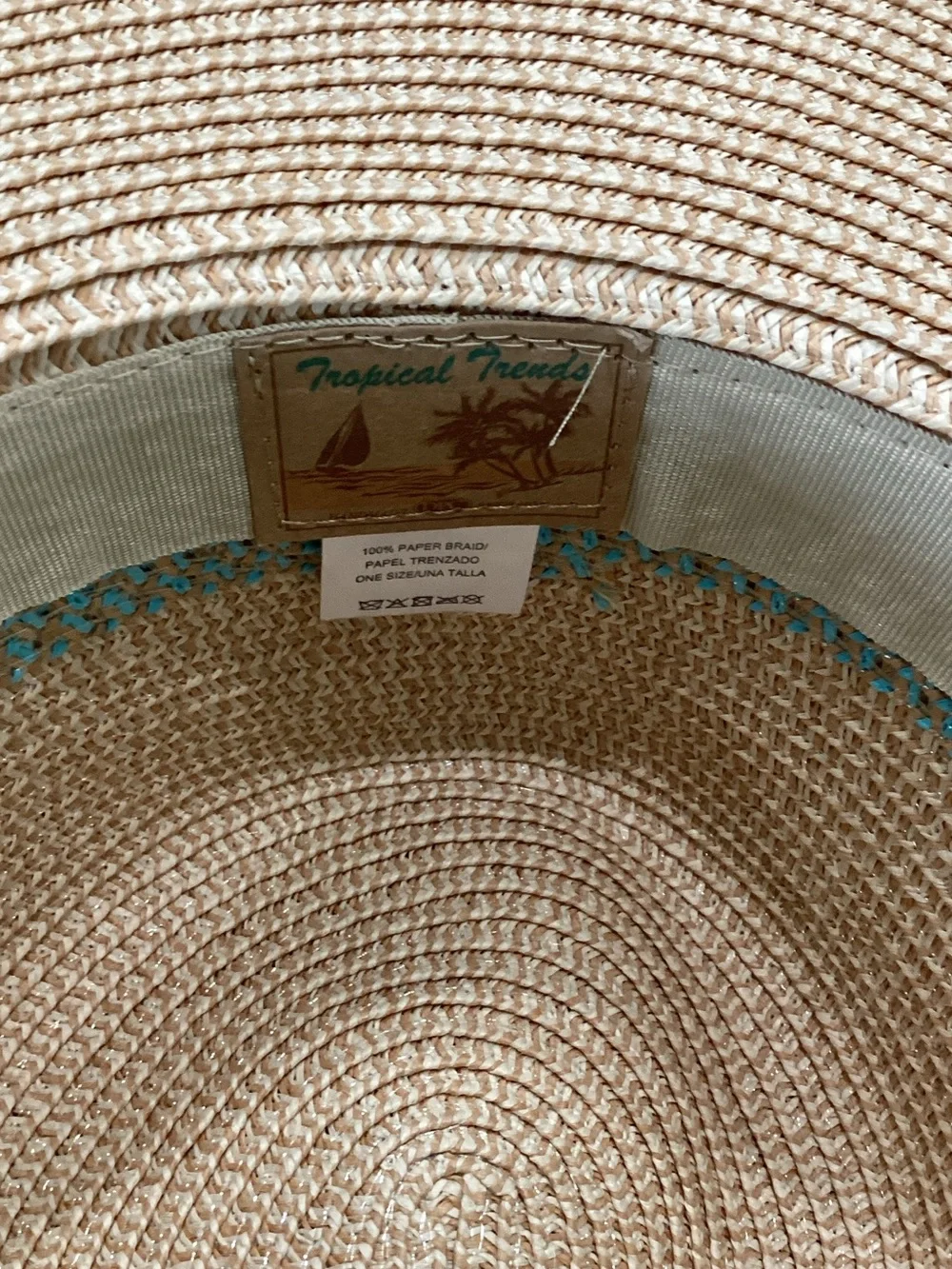 Wide-Brim Straw Sun Hat with Light Blue Trim and Brown Tie